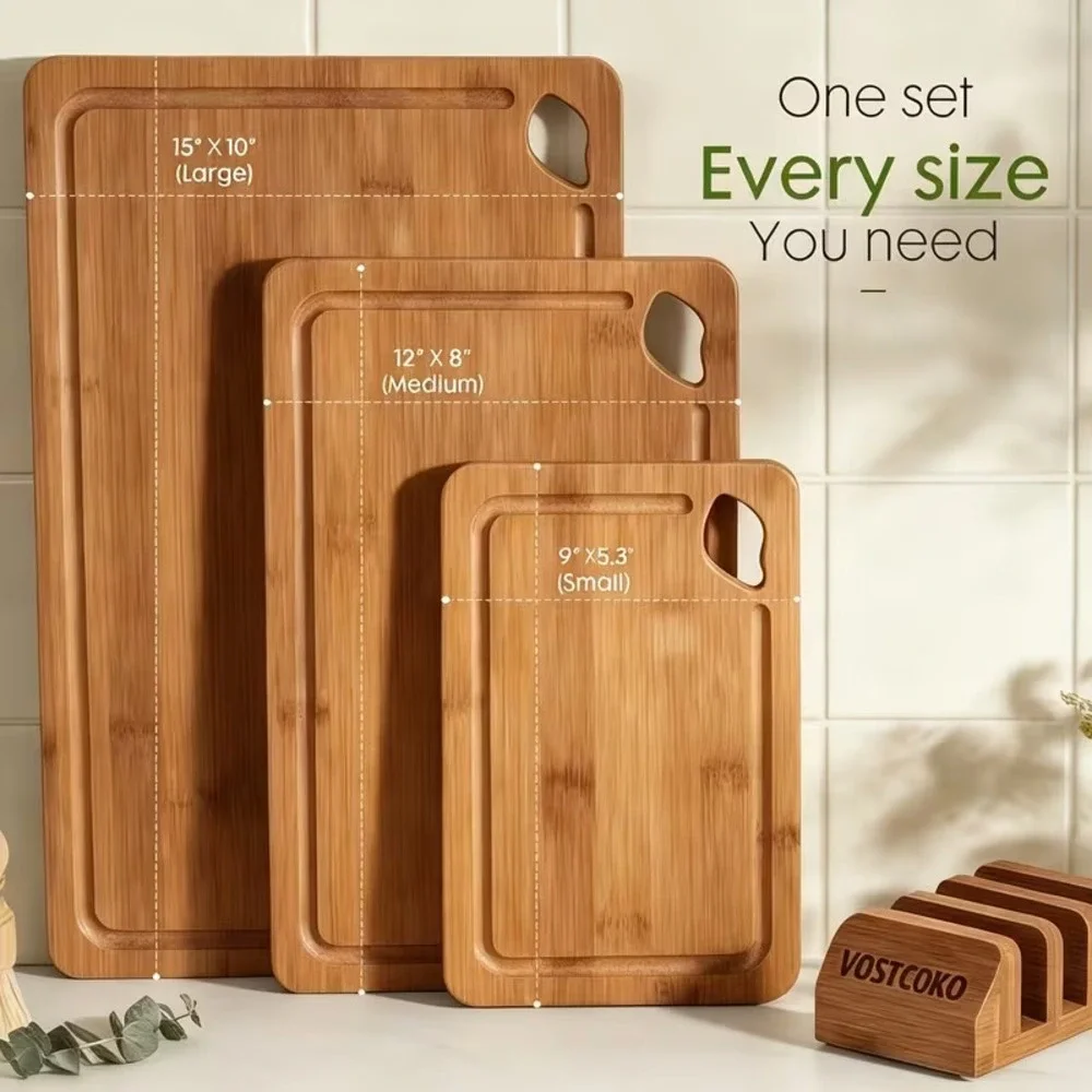Bamboo Cutting Boards with Wood Storage Stand Deep Carbonized Grooved 3 Sizes
